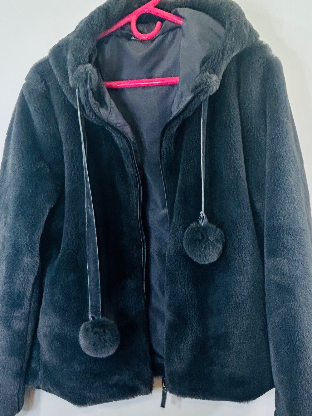 Peach Love California Black Faux Fur Hooded Puffer with Pom-Tie Details